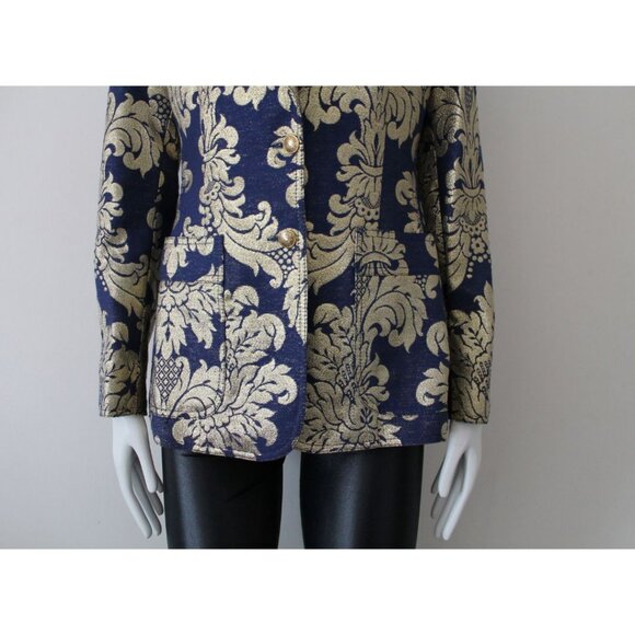 Moschino Jeans 90s Vintage Metallic Notch Collar Blazer Blue Gold Size 10 - Picture 4 of 12